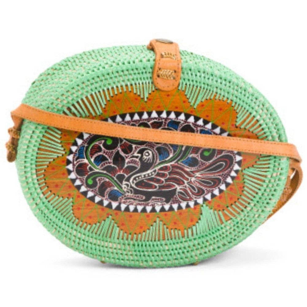 Handwoven Wicker Oval Crossbody Rattan Bag With Pa